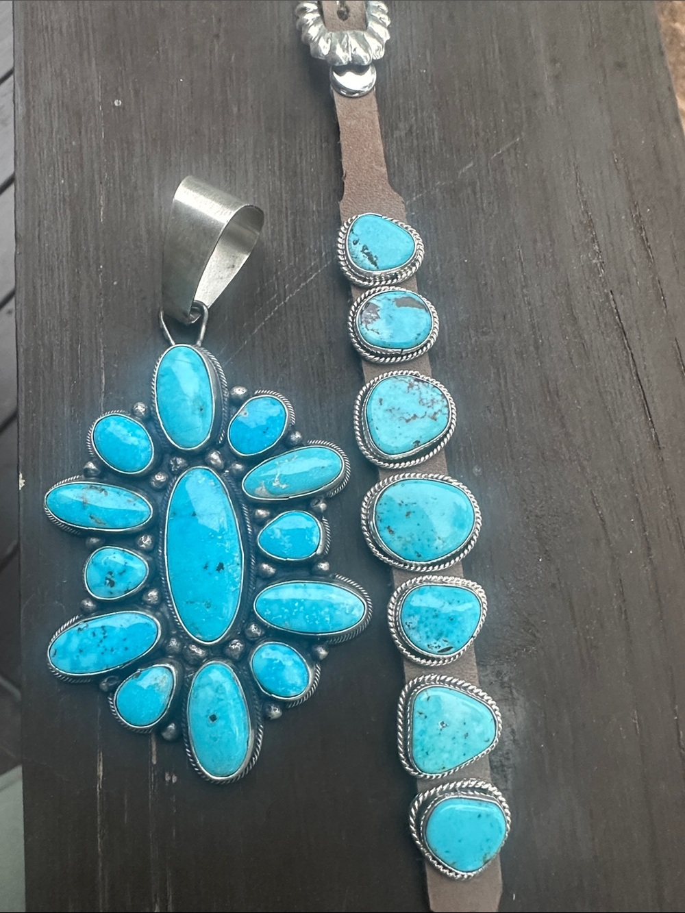 Navajo Dan Morgan Turquoise & Leather Sterling Silver Bracelet - Picture 7 of 7